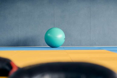 Aesthetische Aufnahme von einem Pezziball in einer Sporthalle