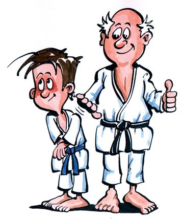 Illustration von einem Judoka, der von seinem Trainer gelobt wird.