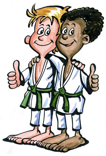 Illustration von zwei Judoka die sich umarmen.