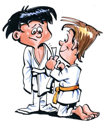 Illustration von einem Judoka, der den Guertel eines anderen Judoka bindet.
