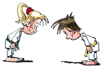 Illustration von zwei Judoka, die sich voreinander verbeu