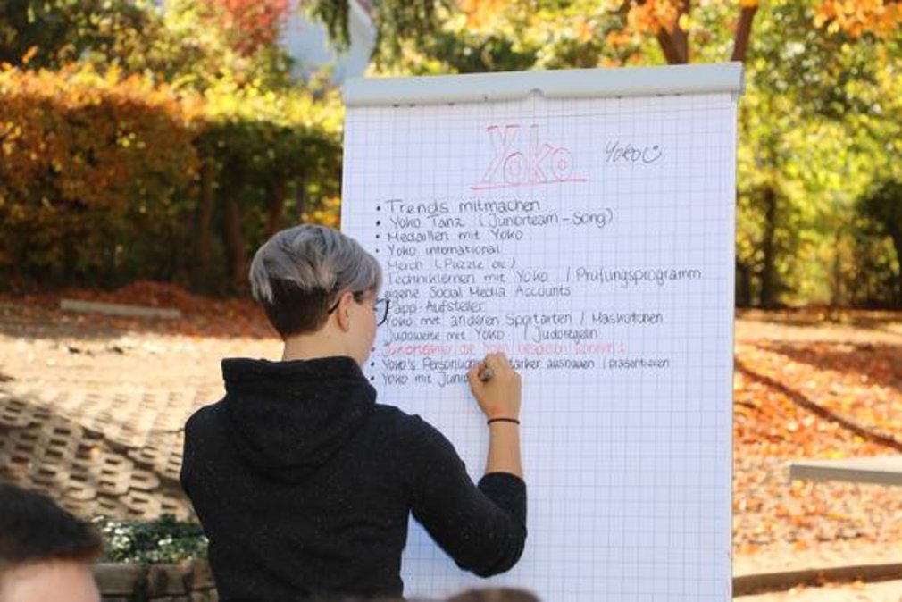 Eine Person schreibt einige Stichpunkte zu Yoko auf ein Flipchart.