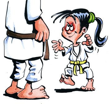 Illustration einer jungen Judoka, die gegen einen aelteren und groesseren Gegner antritt.