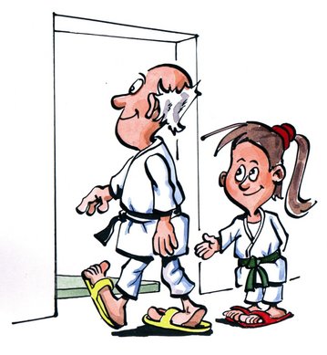 Illustration von einer jungen Judoka, die einen aelteren Judoka vorlaesst.