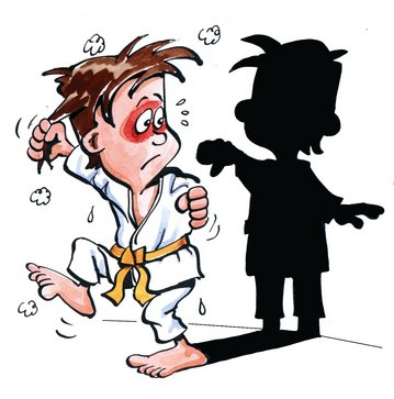 Illustration eines Judoka, der Angst vor seinem eigenen Schatten hat.