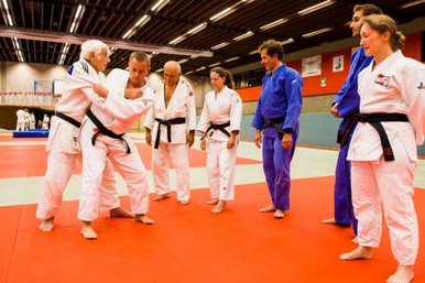Aeltere Judoka beim Training.