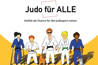 Cover der Broschuere JUDO FUER ALLE, auf der Judoka mit verschiedenen Einschraenkungen illustriert sind.