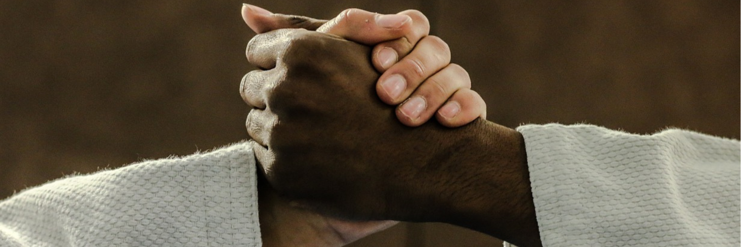 Zwei Judoka geben sich die Hand - einer dunkel-, einer hellhaeutig.
